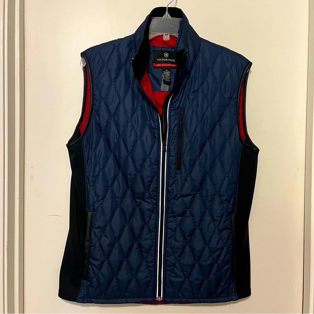 Victorinox Men Medium Navy Blue Lined Quilted Vest Zipper Front Fleece Collar